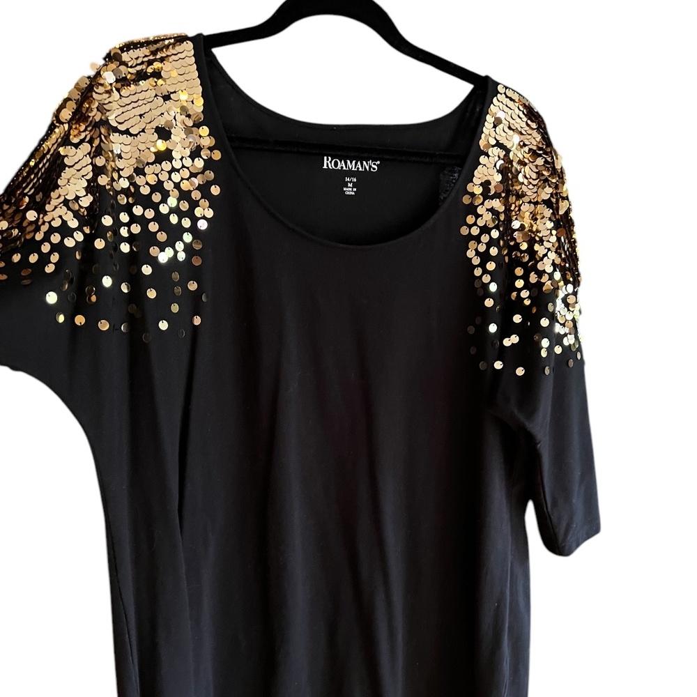 Romans Three Quarter Sleeve Gold Sequin Embellished Tunic 30" Length Cotton/Poly - Picture 2 of 5
